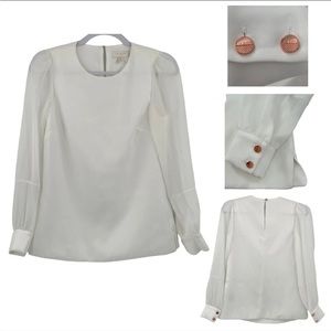 Ted Baker Kriista Sheer Blouson Sleeve Blouse Ivory Rose Gold Buttons XXS $195